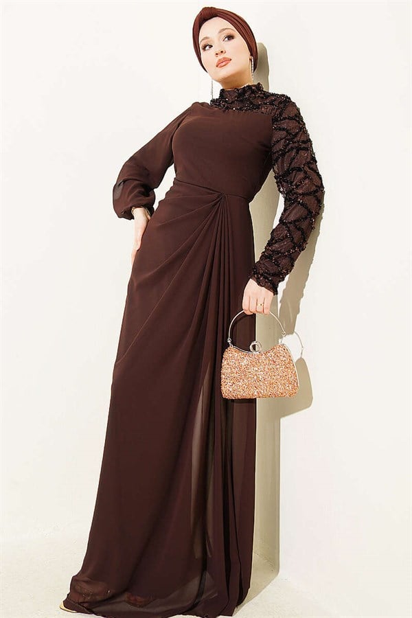 One-Sleeve Sequin Detail Evening Dress in Brown