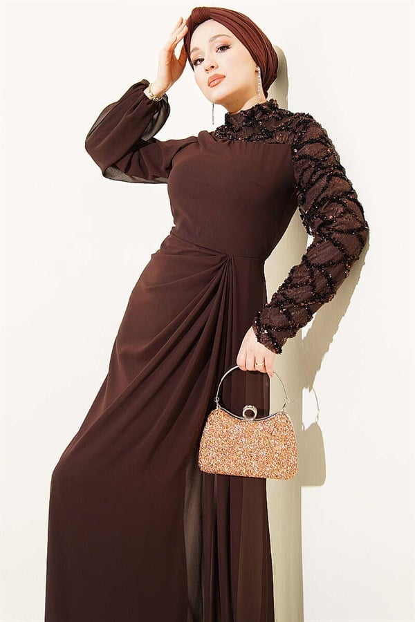 One-Sleeve Sequin Detail Evening Dress in Brown