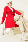 One-Shoulder Cashmere Coat with Epaulette and Button Detail, Red