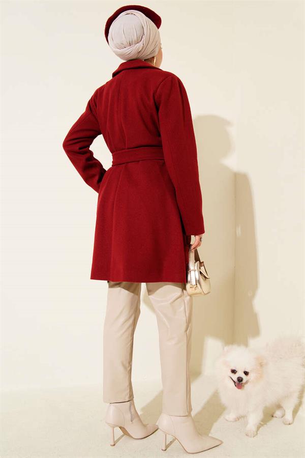 One-Shoulder Epaulette Button Detailed Cashmere Coat Burgundy