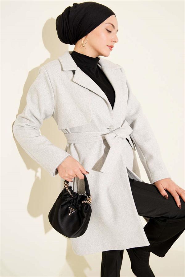 One-Shoulder Epaulette Button Detail Cashmere Coat Melange Grey