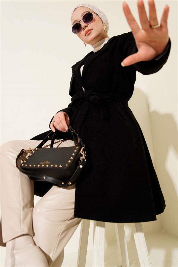 One Shoulder Epaulette Button Detailed Cashmere Coat Black