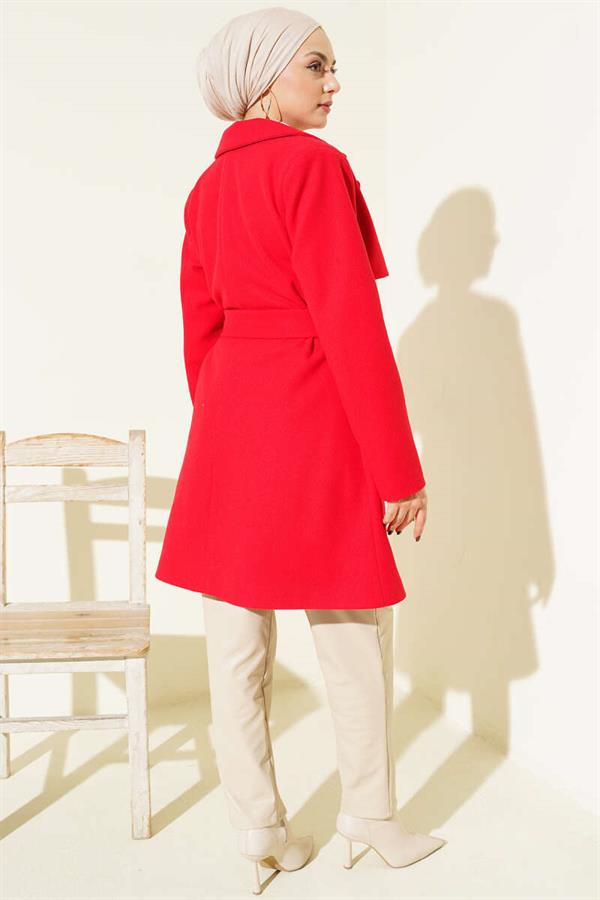 One-Shoulder Cashmere Coat with Epaulette and Button Detail, Red