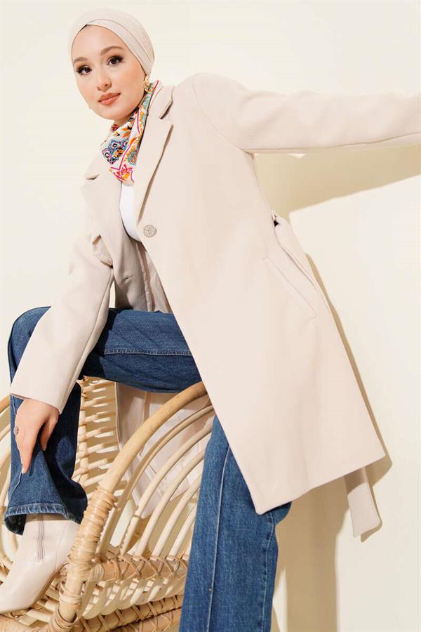 One Shoulder Epaulette Button Detailed Cashmere Coat Beige