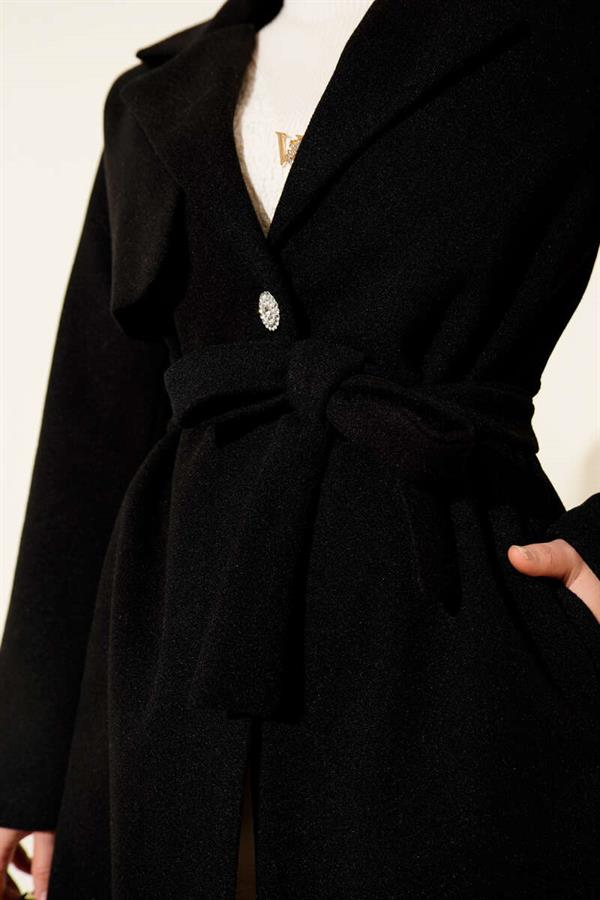 One Shoulder Epaulette Button Detailed Cashmere Coat Black