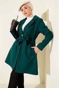 One-Shoulder Epaulette Button Detail Cashmere Coat, Emerald Green