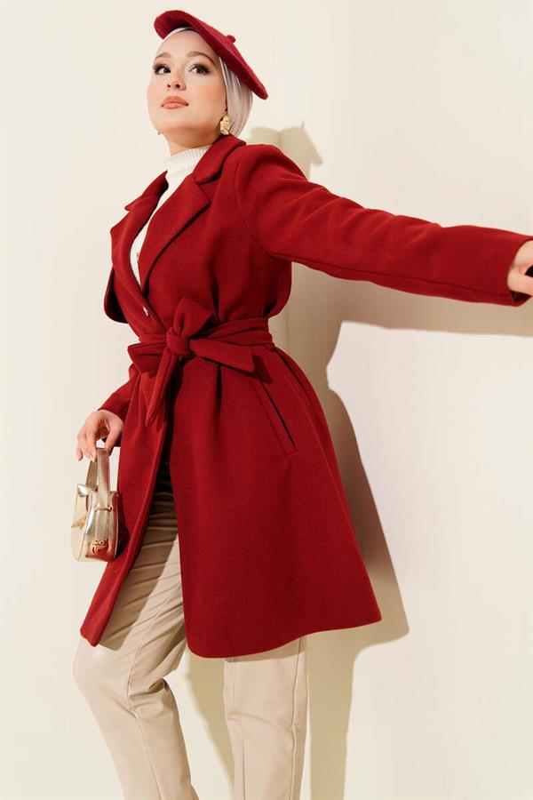 One-Shoulder Epaulette Button Detailed Cashmere Coat Burgundy