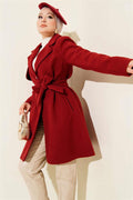 One-Shoulder Epaulette Button Detailed Cashmere Coat Burgundy