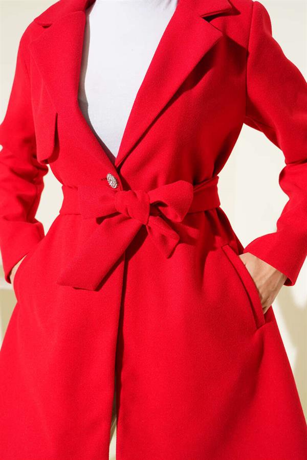 One-Shoulder Cashmere Coat with Epaulette and Button Detail, Red