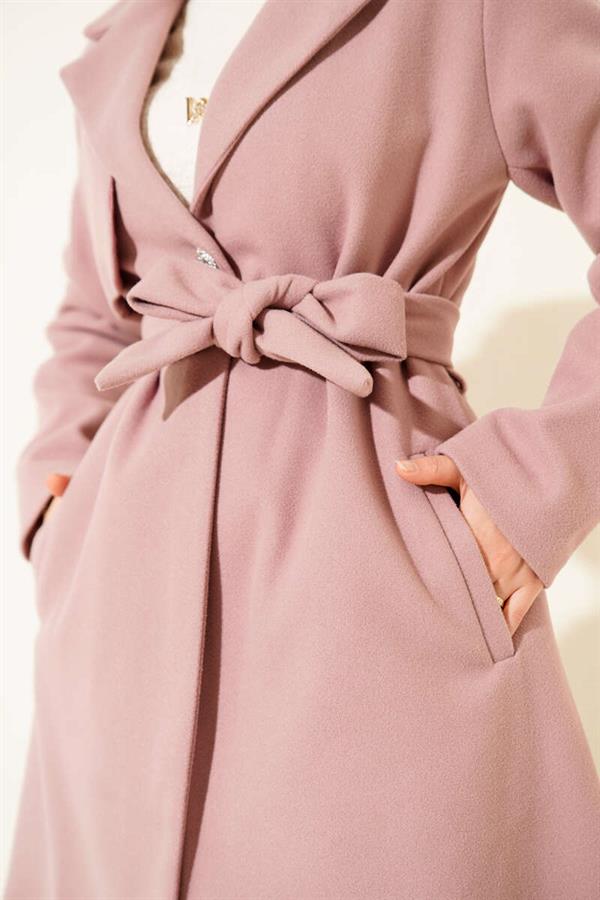 One Shoulder Epaulette Button Detailed Cashmere Coat Powder