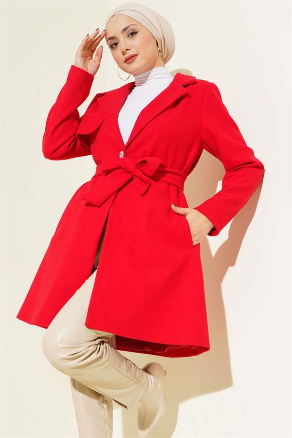 One-Shoulder Cashmere Coat with Epaulette and Button Detail, Red