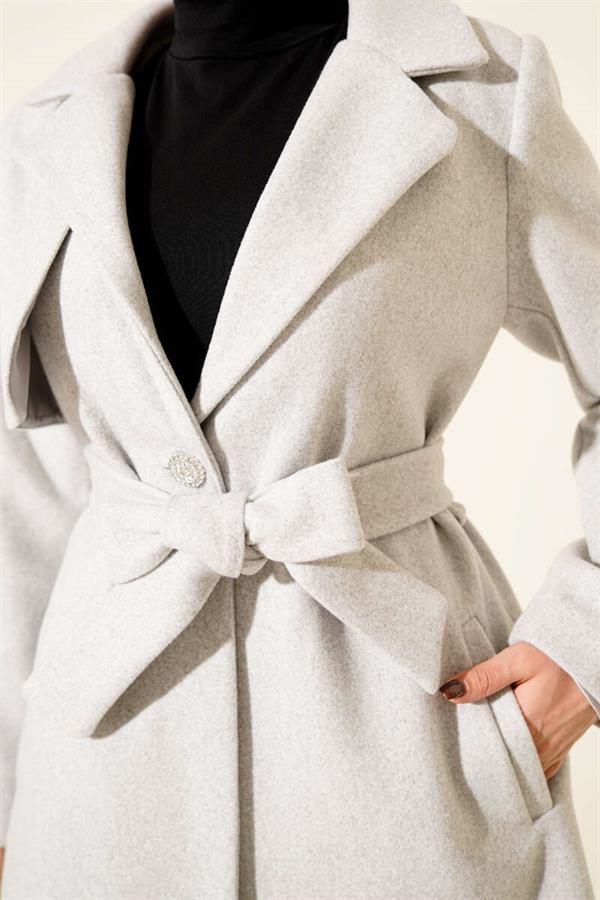 One-Shoulder Epaulette Button Detail Cashmere Coat Melange Grey