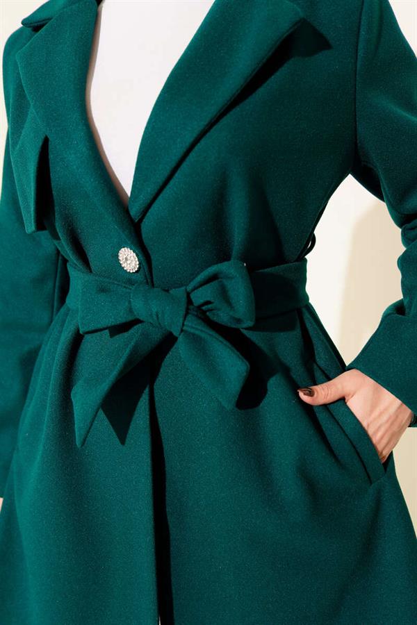 One-Shoulder Epaulette Button Detail Cashmere Coat, Emerald Green