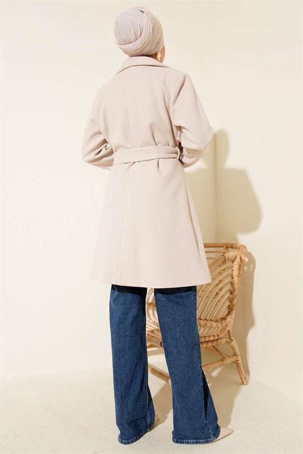 One Shoulder Epaulette Button Detailed Cashmere Coat Beige