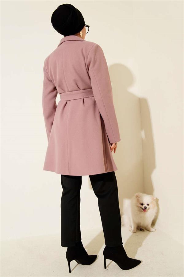 One Shoulder Epaulette Button Detailed Cashmere Coat Powder