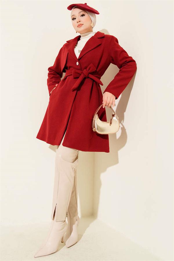 One-Shoulder Epaulette Button Detailed Cashmere Coat Burgundy