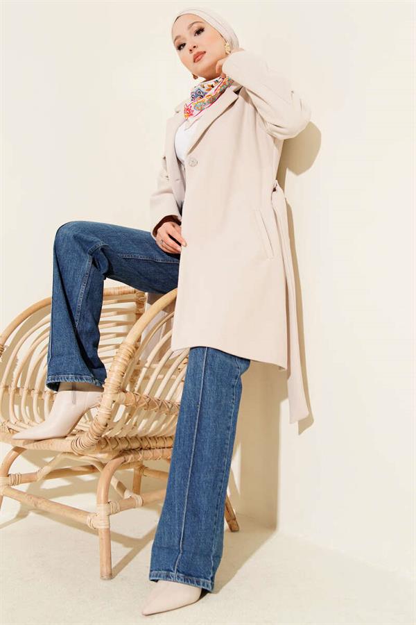 One Shoulder Epaulette Button Detailed Cashmere Coat Beige