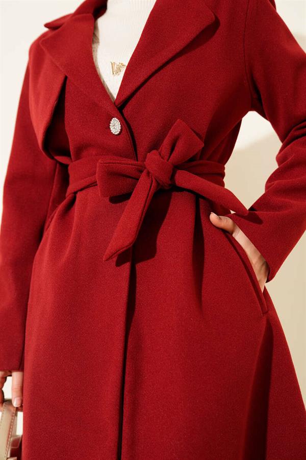 One-Shoulder Epaulette Button Detailed Cashmere Coat Burgundy