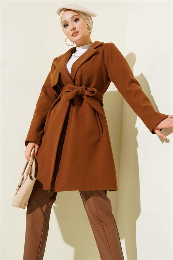 Single Shoulder Epaulette Button Detailed Cashmere Coat Tan