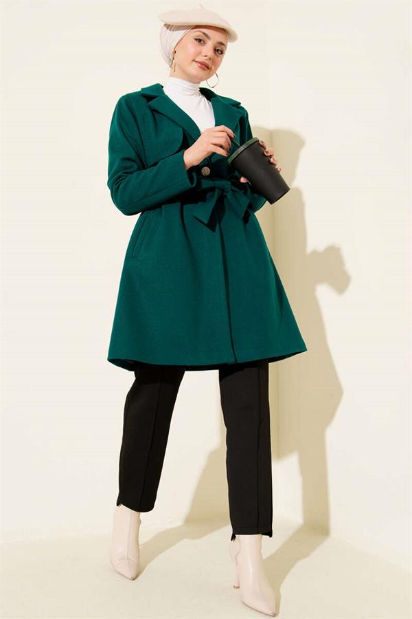 One-Shoulder Epaulette Button Detail Cashmere Coat, Emerald Green