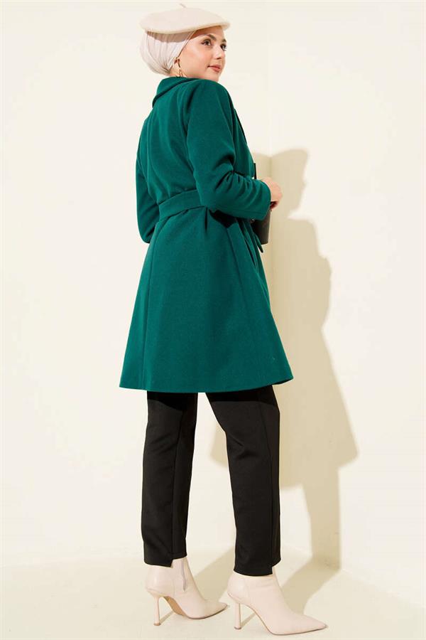 One-Shoulder Epaulette Button Detail Cashmere Coat, Emerald Green