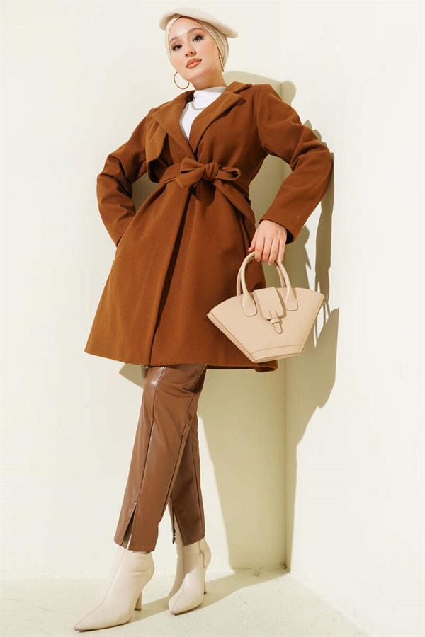 Single Shoulder Epaulette Button Detailed Cashmere Coat Tan