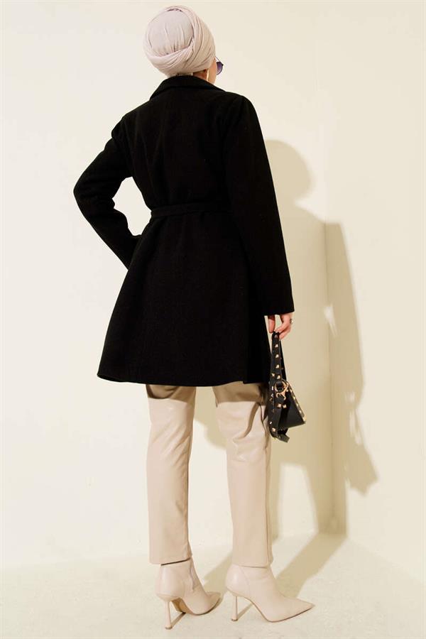 One Shoulder Epaulette Button Detailed Cashmere Coat Black