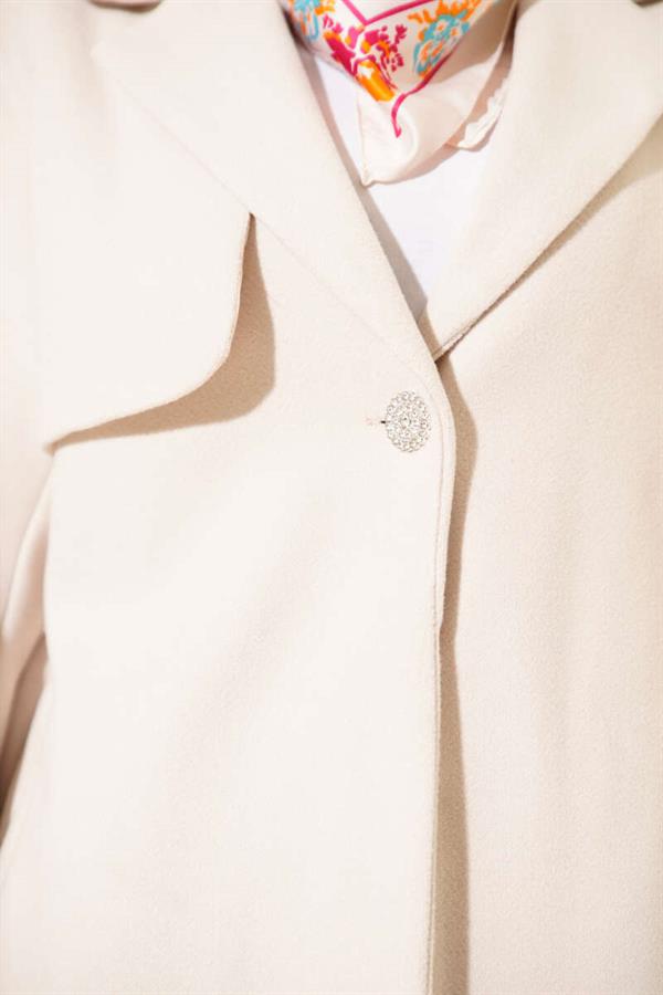 One Shoulder Epaulette Button Detailed Cashmere Coat Beige