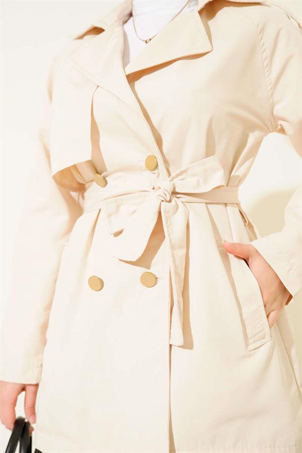 One Shoulder Epaulette Buttoned Trench Coat Beige