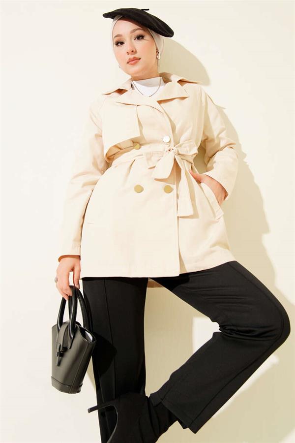 One Shoulder Epaulette Buttoned Trench Coat Beige