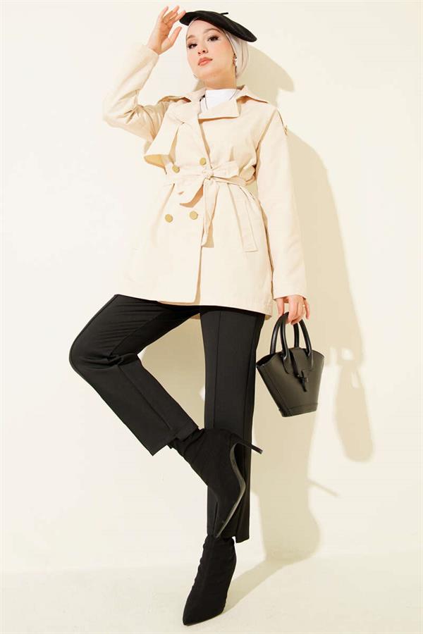 One Shoulder Epaulette Buttoned Trench Coat Beige