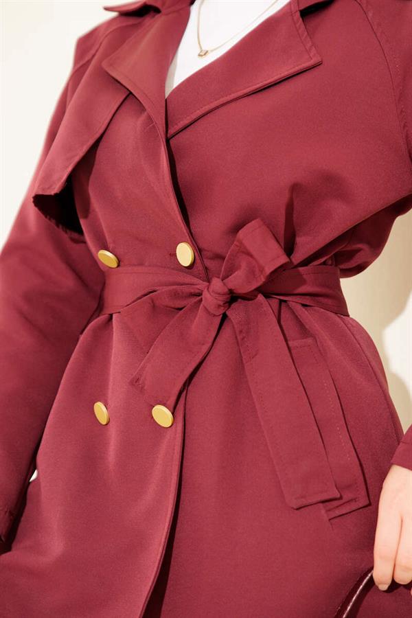 One Shoulder Epaulette Buttoned Trench Coat Burgundy