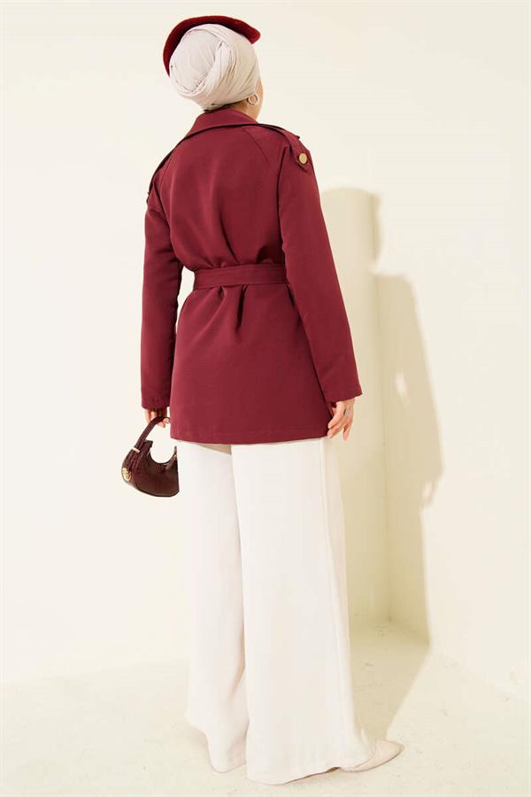 One Shoulder Epaulette Buttoned Trench Coat Burgundy