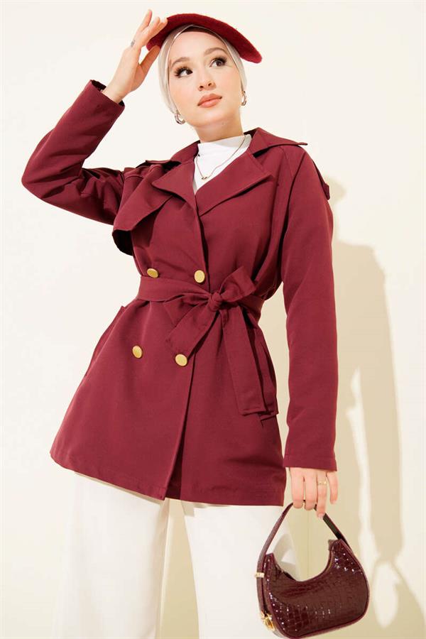 One Shoulder Epaulette Buttoned Trench Coat Burgundy