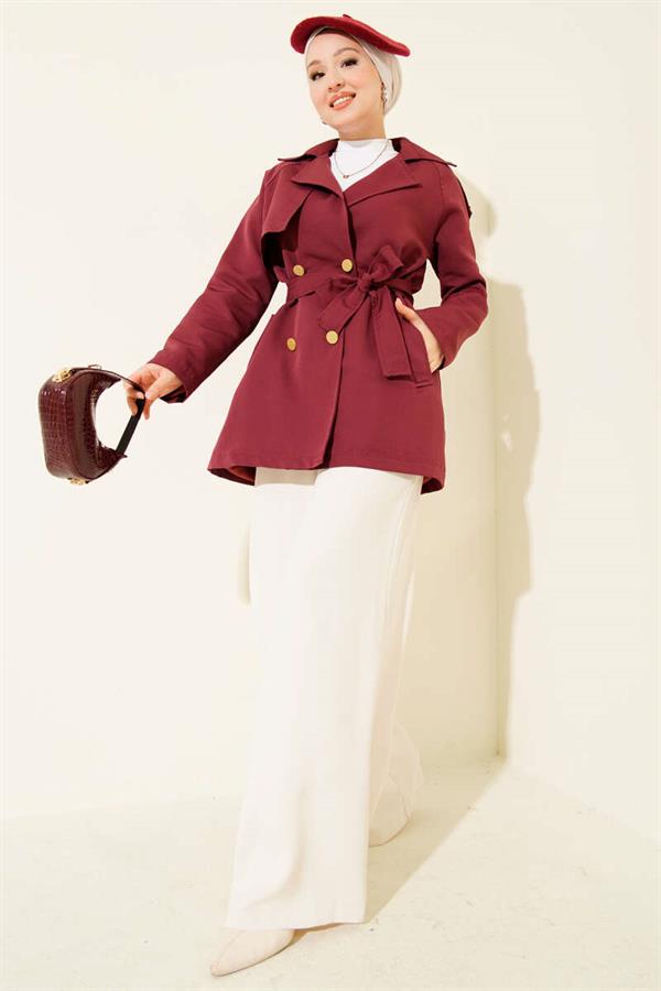 One Shoulder Epaulette Buttoned Trench Coat Burgundy