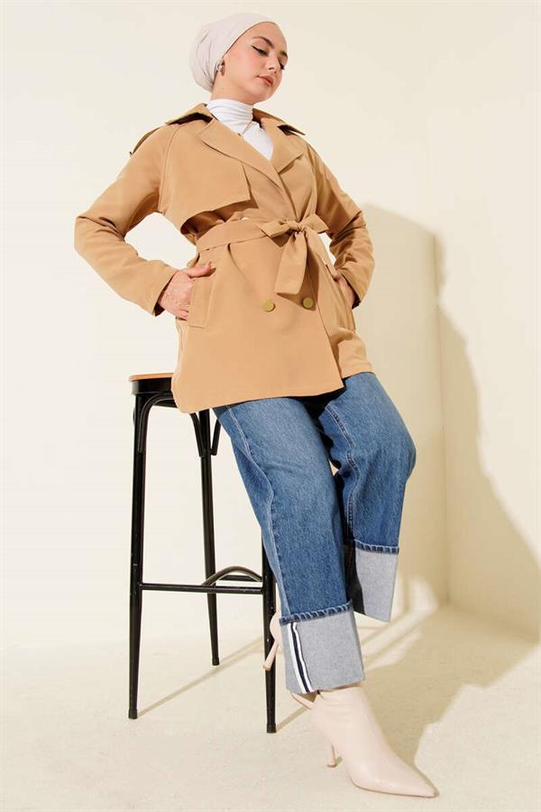 One Shoulder Epaulette Buttoned Trench Coat Camel