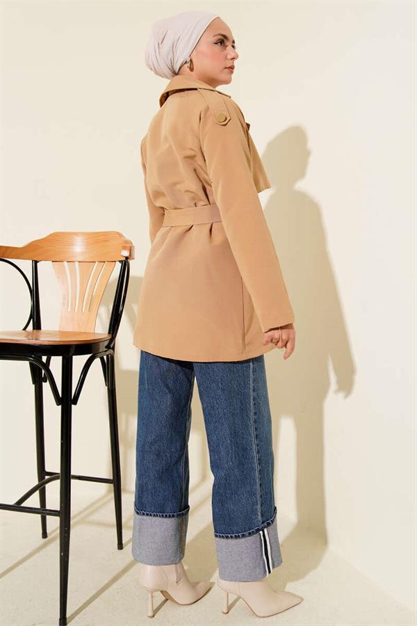One Shoulder Epaulette Buttoned Trench Coat Camel