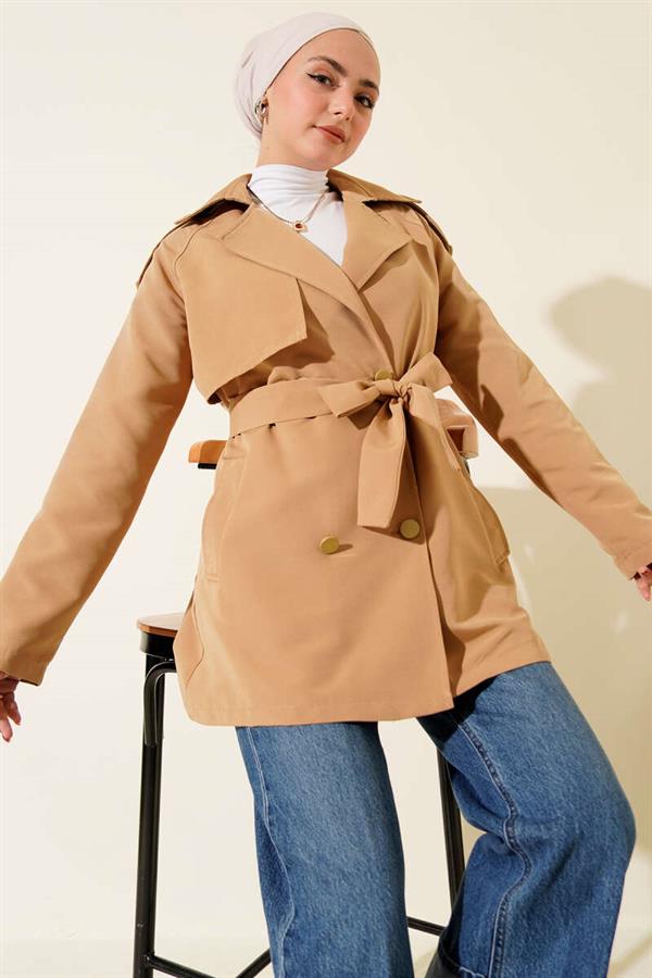 One Shoulder Epaulette Buttoned Trench Coat Camel