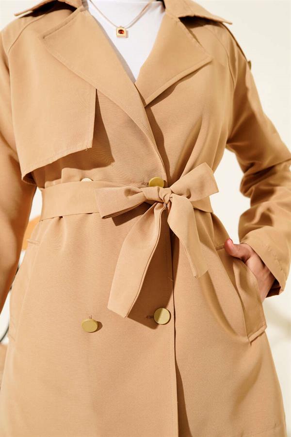 One Shoulder Epaulette Buttoned Trench Coat Camel