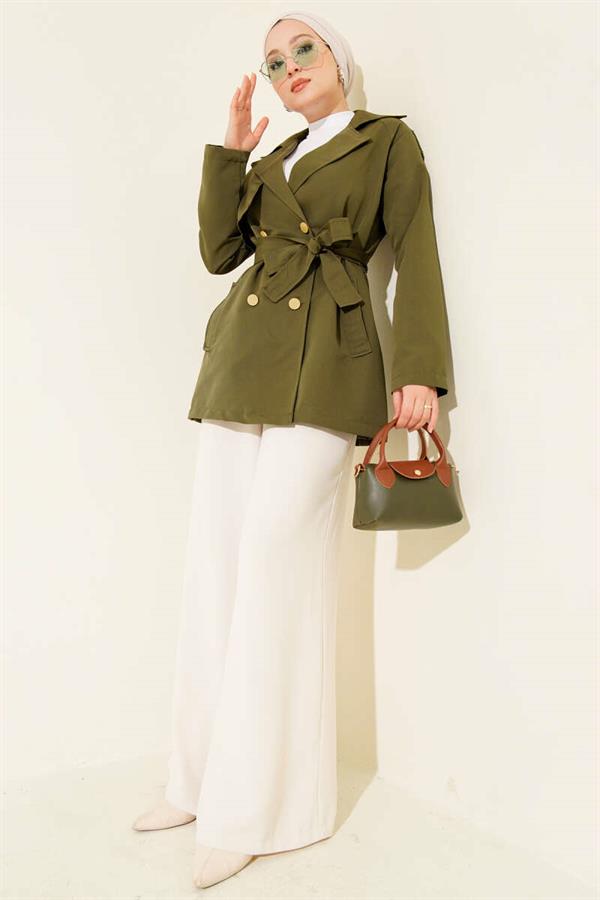 One Shoulder Epaulette Buttoned Trench Coat Khaki