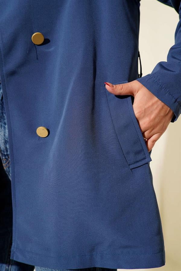 One Shoulder Epaulette Buttoned Trench Coat Indigo