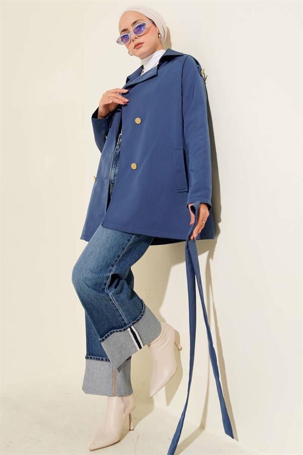 One Shoulder Epaulette Buttoned Trench Coat Indigo