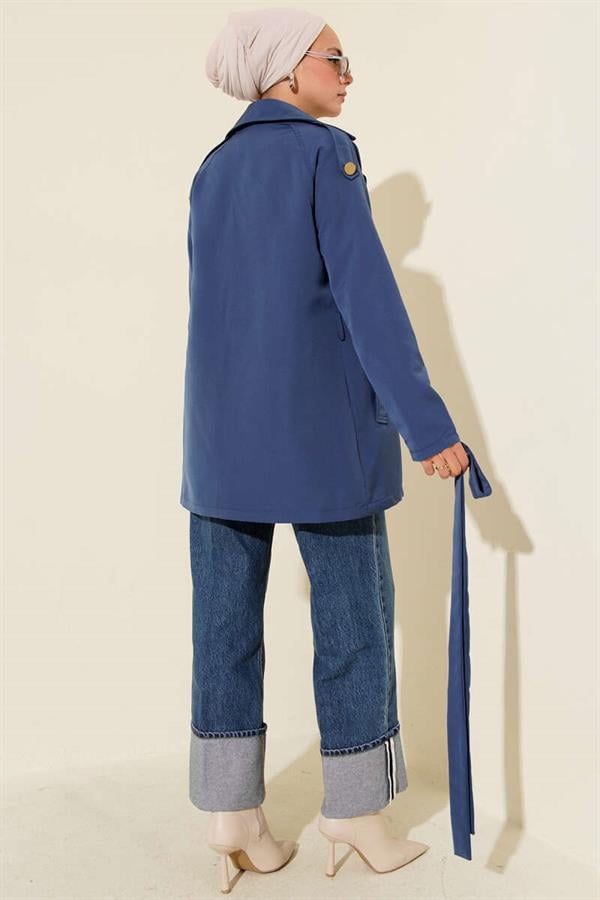 One Shoulder Epaulette Buttoned Trench Coat Indigo