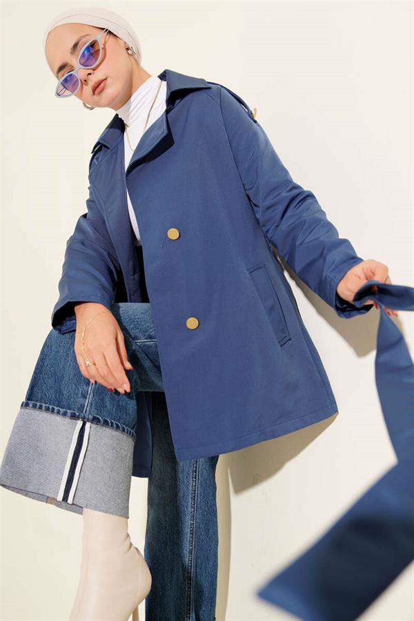 One Shoulder Epaulette Buttoned Trench Coat Indigo