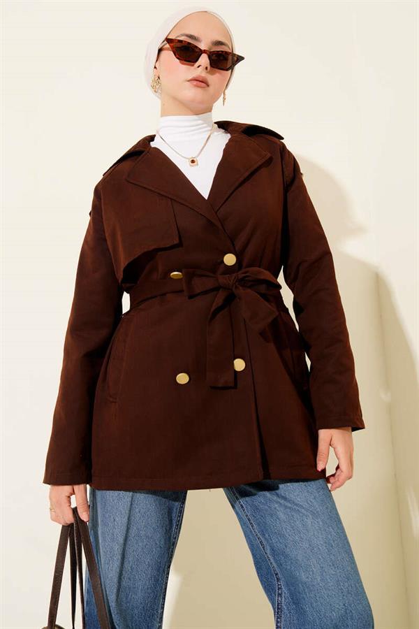 One Shoulder Epaulette Buttoned Trench Coat Chestnut