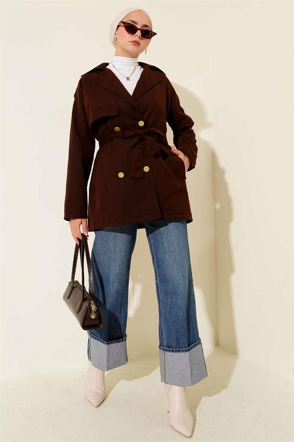 One Shoulder Epaulette Buttoned Trench Coat Chestnut