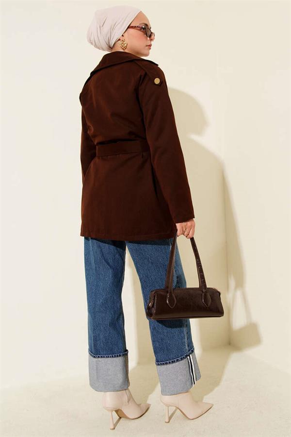 One Shoulder Epaulette Buttoned Trench Coat Chestnut