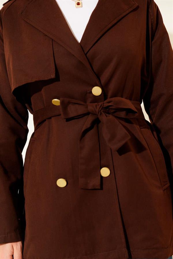 One Shoulder Epaulette Buttoned Trench Coat Chestnut