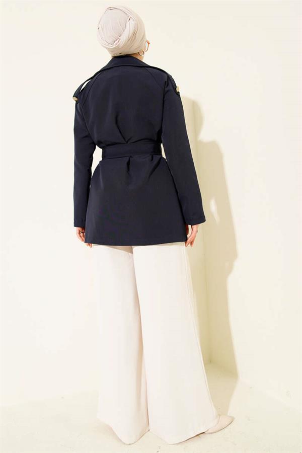 One-Shoulder Epaulette Buttoned Trench Coat Navy Blue