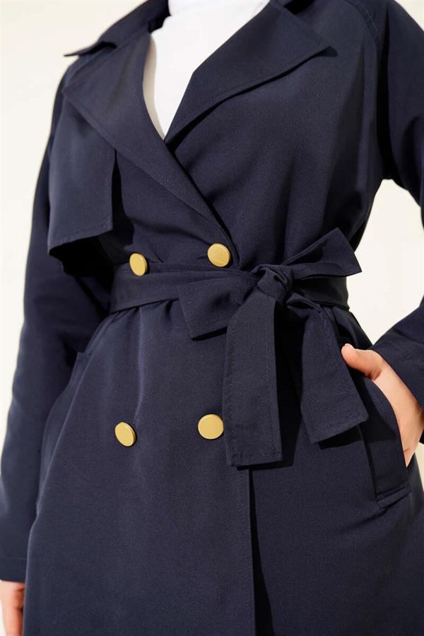 One-Shoulder Epaulette Buttoned Trench Coat Navy Blue